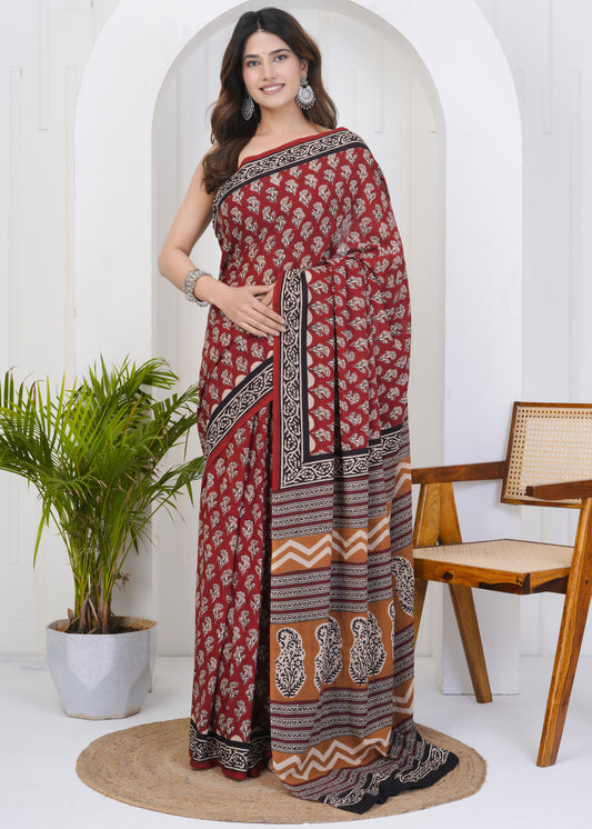 Deep Red Pure Mul Cotton Saree