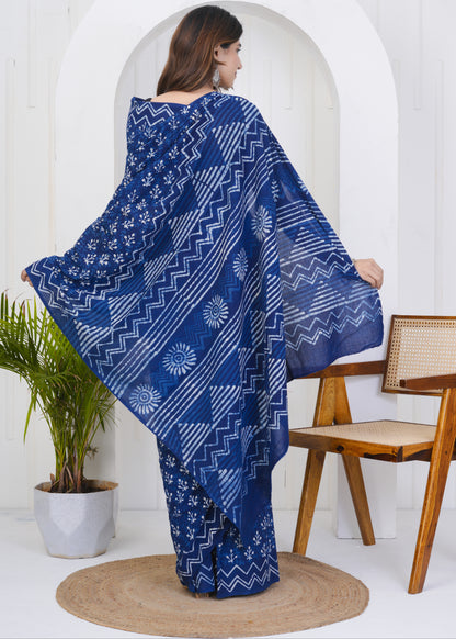 Roshni: Indigo Dabu Pure Mul Cotton Saree