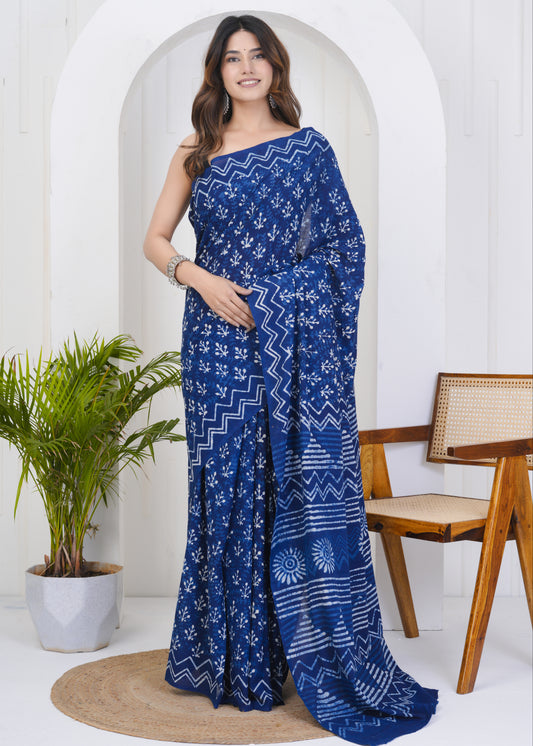 Roshni: Indigo Dabu Pure Mul Cotton Saree