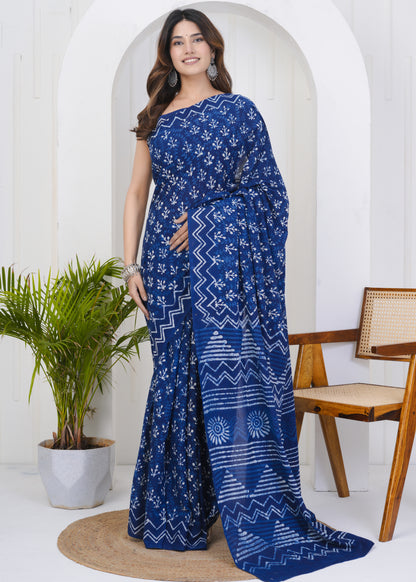 Roshni: Indigo Dabu Pure Mul Cotton Saree