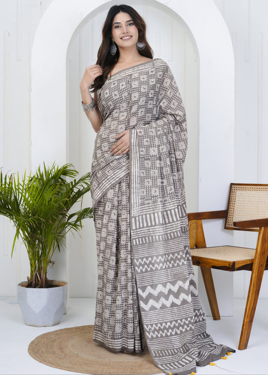 Brownish Grey Dabu Mul Cotton Saree