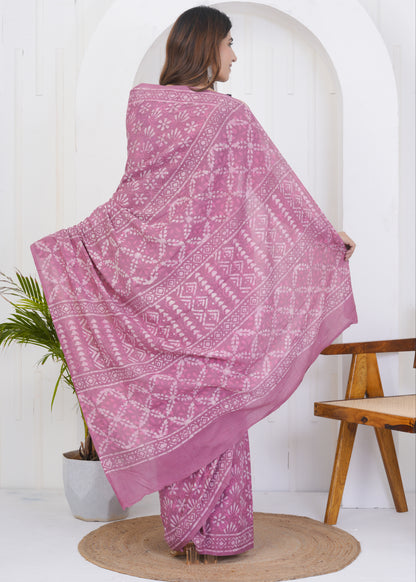 Tulip Pink Dabu Pure Mul Cotton Saree