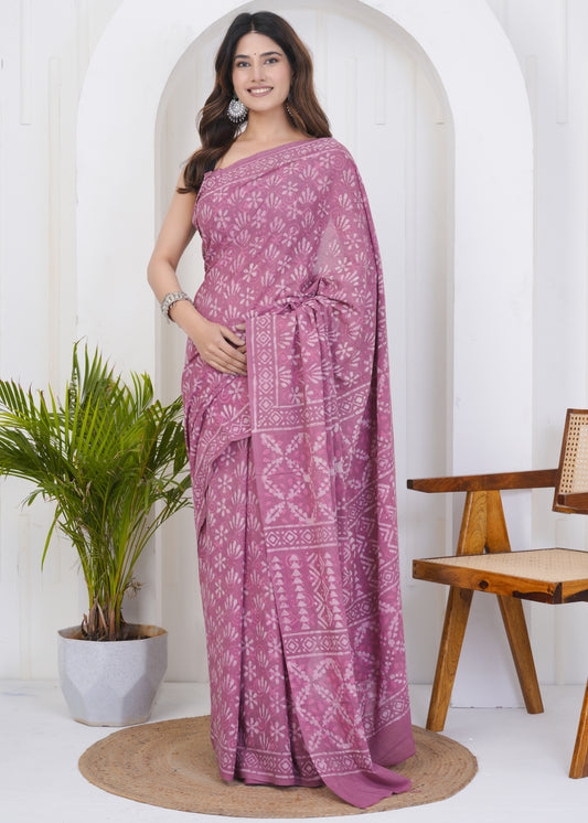 Tulip Pink Dabu Pure Mul Cotton Saree