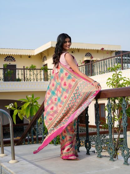 Checks Pattern Burnt Pink Chiffon Printed Saree