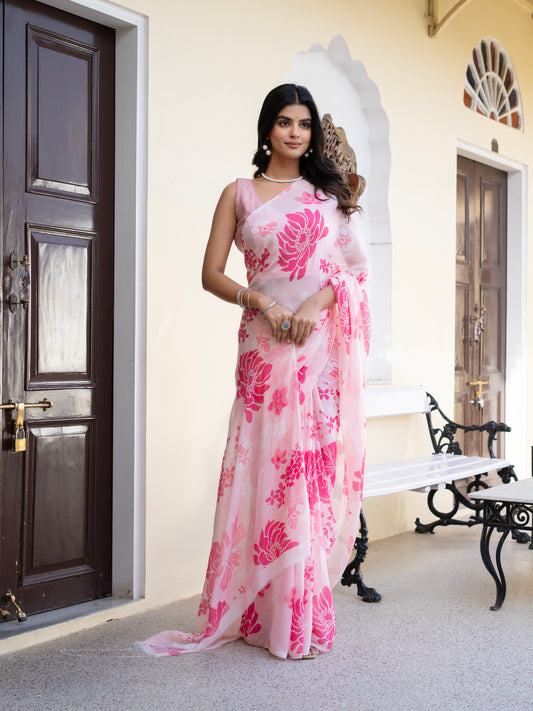 Raspberry Pink Flower Pattern Chiffon Printed Saree