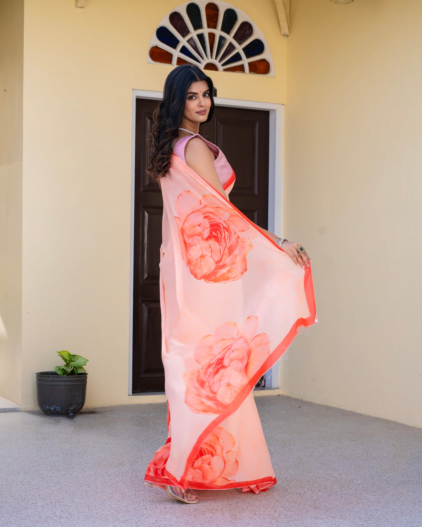 Roselle Red Chiffon Printed Saree