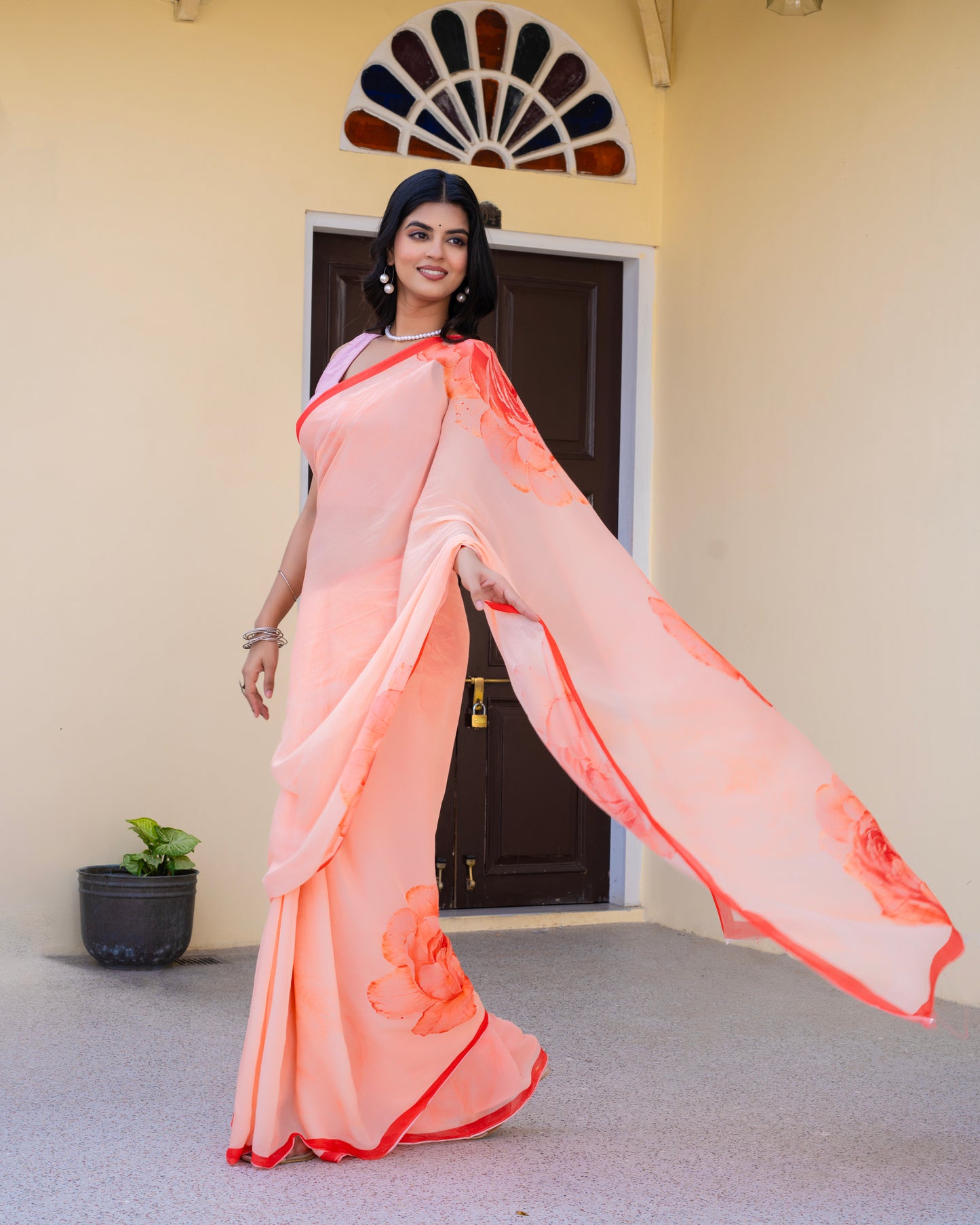 Roselle Red Chiffon Printed Saree