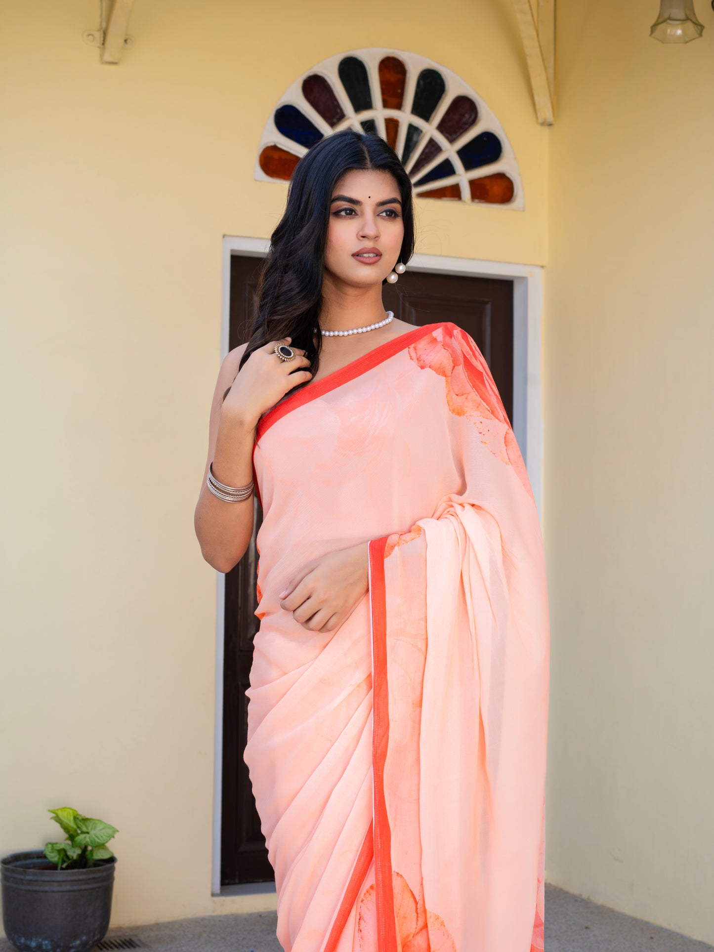 Roselle Red Chiffon Printed Saree
