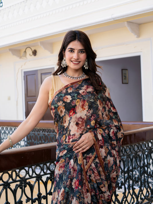 Raatrani: Chiffon Saree With Greenish Grey Florals & Zari Border