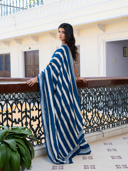 Vemora: Blue Stripes Muslin Saree With Handblock Border