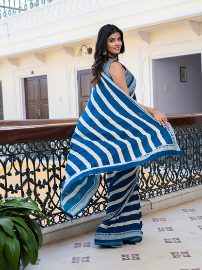 Vemora: Blue Stripes Muslin Saree With Handblock Border