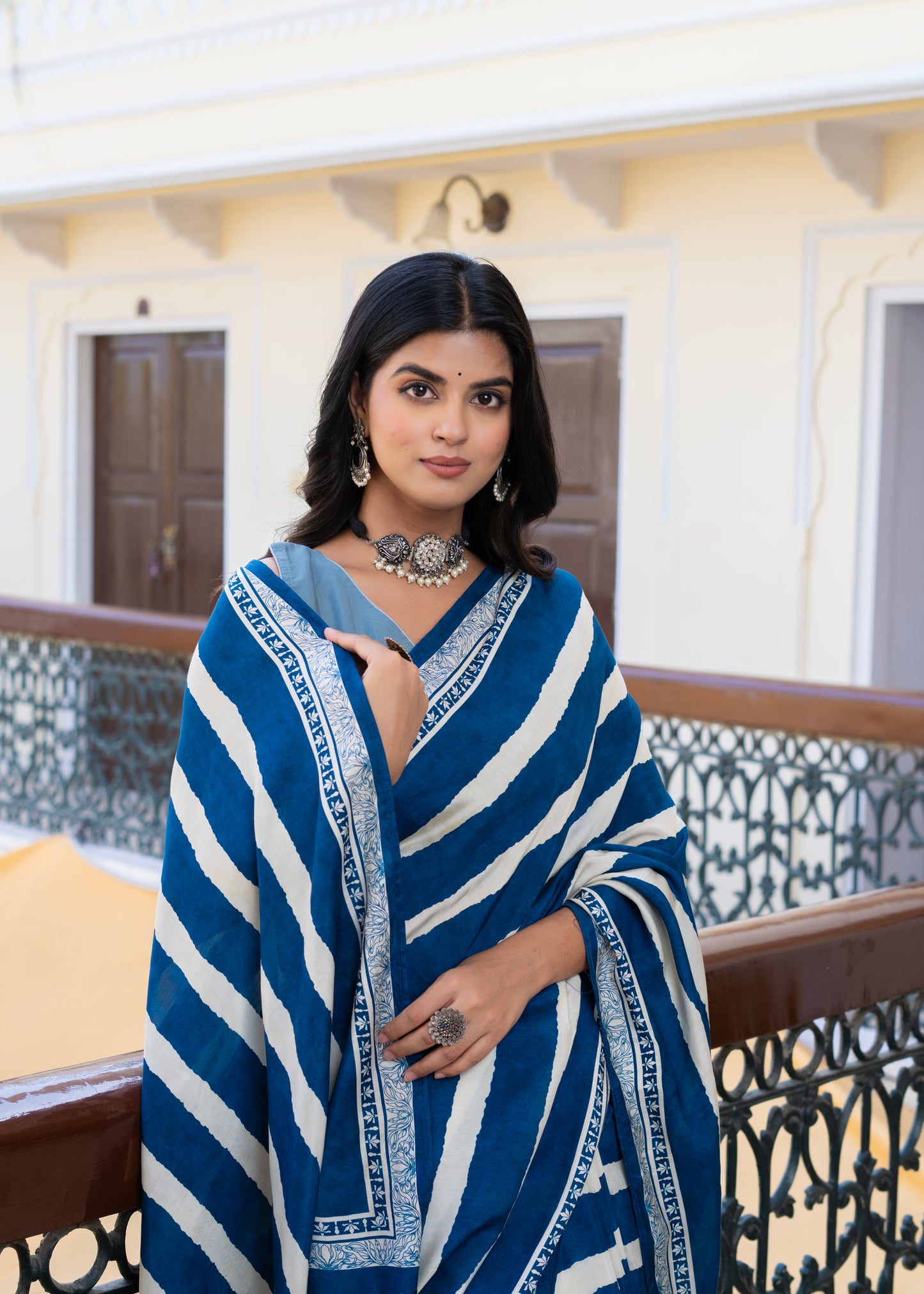 Vemora: Blue Stripes Muslin Saree With Handblock Border