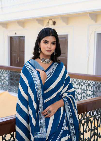 Vemora: Blue Stripes Muslin Saree With Handblock Border