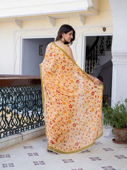 Autumn: Light Peach Chiffon Printed Saree With Green Border