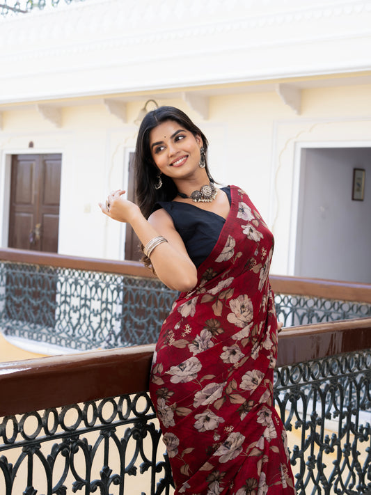 Ruhi: Maroon With Muted Floral Print Chiffon Saree