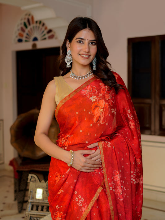 Ruby Chiffon Saree With Muted Offwhite Florals & Zari Border