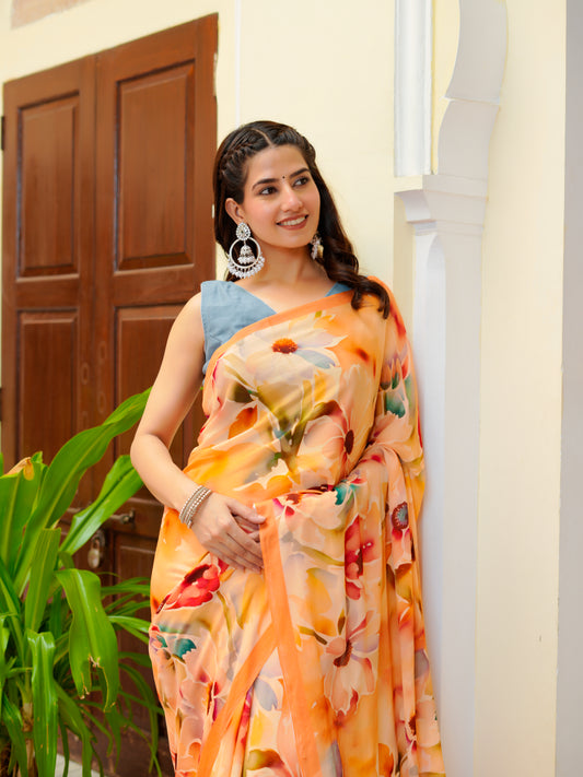 Sunehri: Orange Floral Chiffon Printed Saree