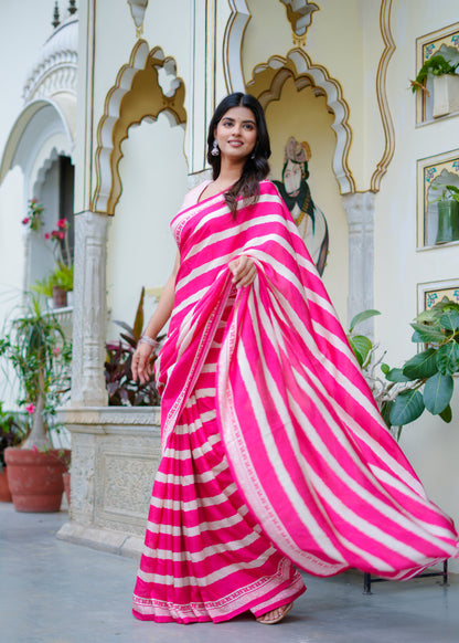 Vemora: Pink Stripes Muslin Saree With Handblock Border