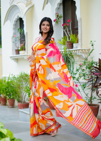 Dawn Chiffon Saree With Zari Border & Abstract Floral Whisper