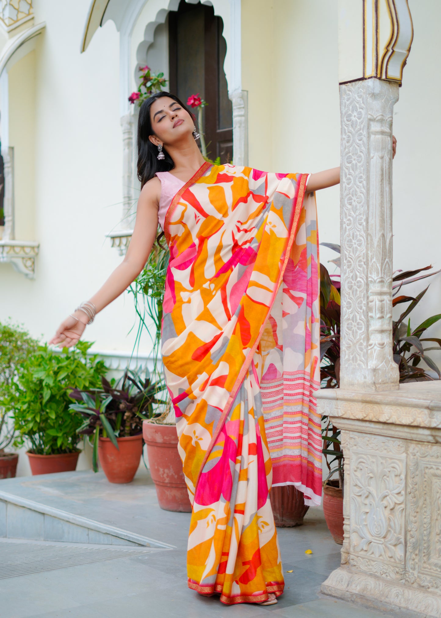Dawn Chiffon Saree With Zari Border & Abstract Floral Whisper