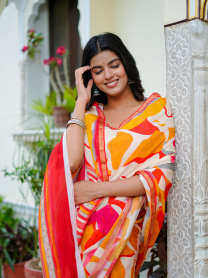 Dawn Chiffon Saree With Zari Border & Abstract Floral Whisper