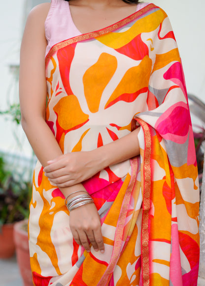 Dawn Chiffon Saree With Zari Border & Abstract Floral Whisper