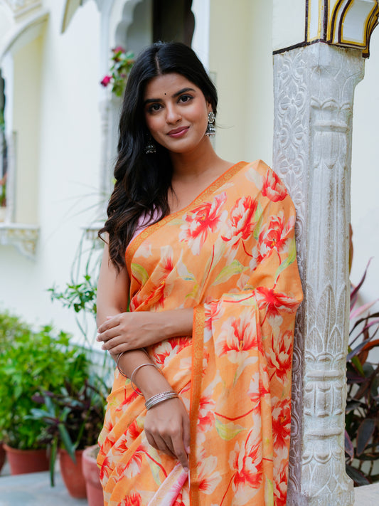 Summer Bloom Organge Red Chiffon Saree With Zari Border