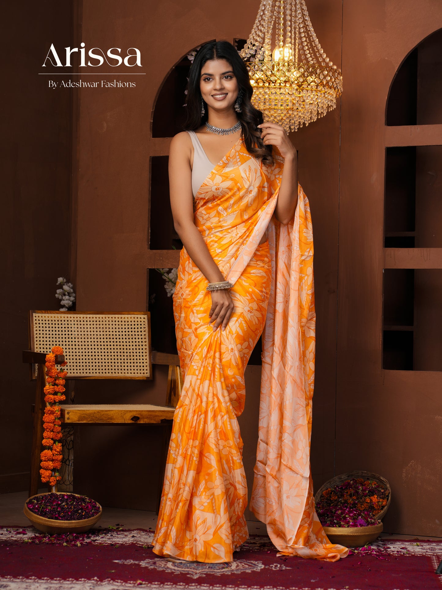 Aahana Saffron Pure Chinnon Saree